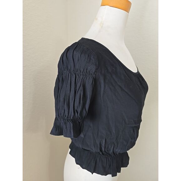 For LOVE & LEMONS Puff Sleeve Blouse Womens Xs Black Keyhole Top Viscose - Picture 2 of 8